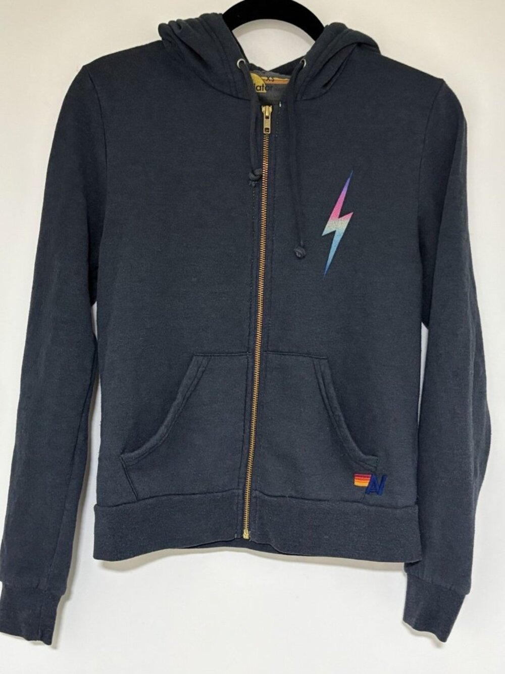 Aviator Nation Blue Gray Rainbow Bolt Full Zip Women’s Hoodie Size XS